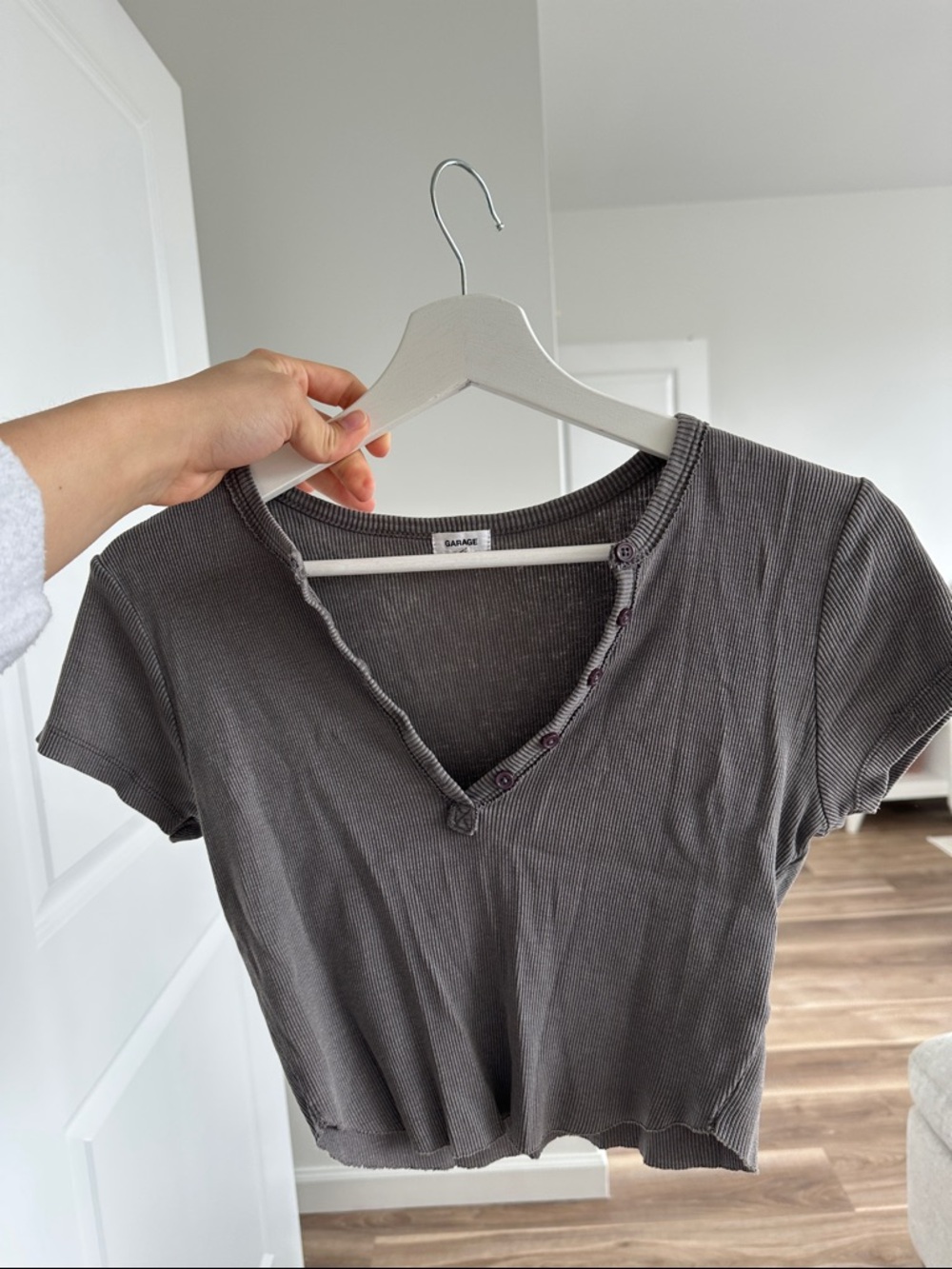 Garage Women's Charcoal Ribbed V-Neck Button Crop Top
